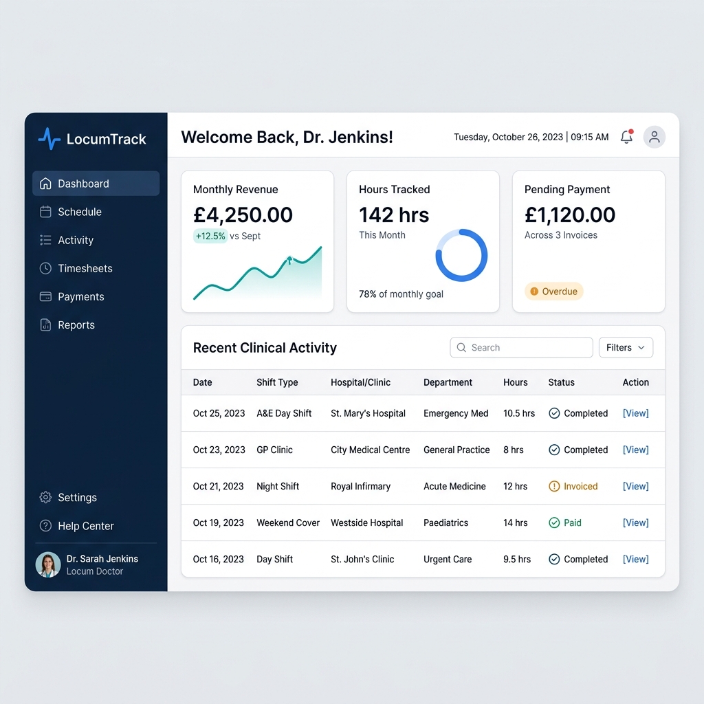 LocumTrack dashboard showing locum doctor shift list, earnings total, and PDF invoice generation